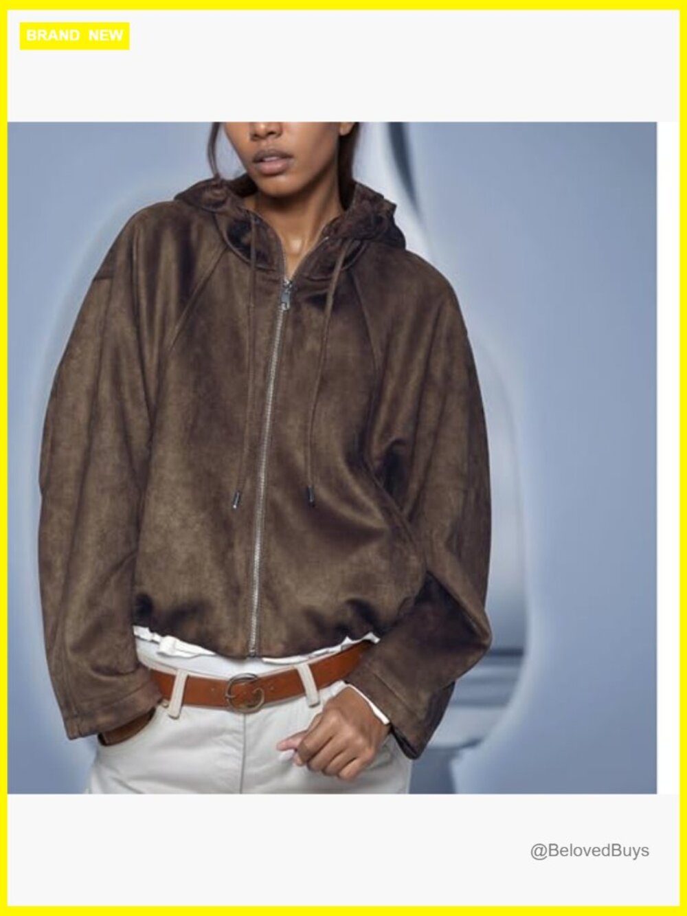 Women's Faux Suede Drawstring Hooded Bomber Jacket - Picture 3 of 7